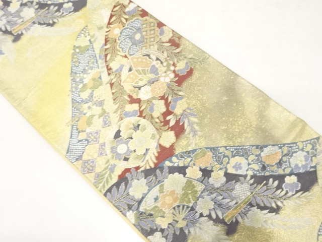 アンティーク　遠山に蝶・桐花模様織り出し袋帯（材料）